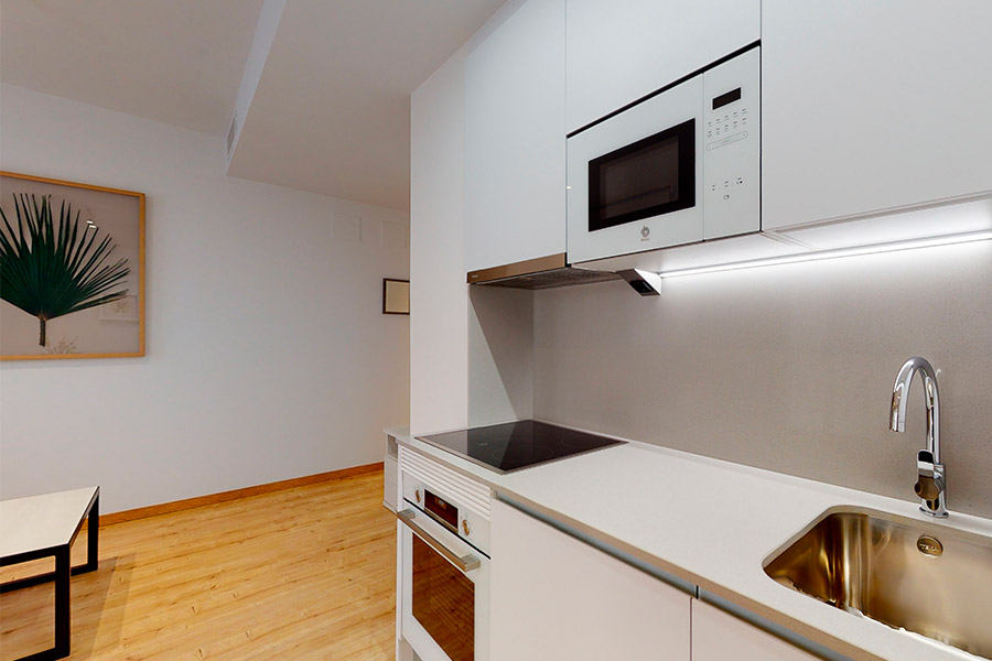 Detail of the kitchen in the 1-bedroom flat D of the Proinca Moncloa Building