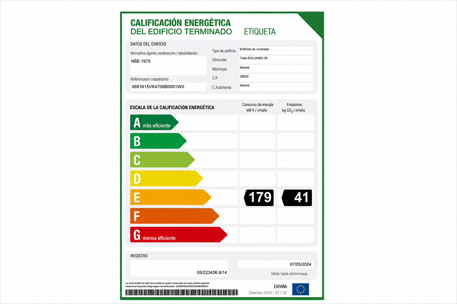 Energy efficiency label Proinca Dulcinea 39 building