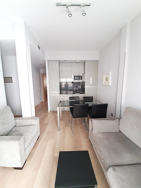 Open kitchen, living dining room of furnished 2 bedroom apartment in Proinca Madrid