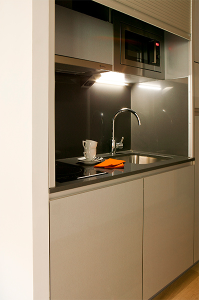 Kitchen of mixed studio in Edificio Proinca Infanta Mercedes, Madrid. Fully equipped with home appliances
