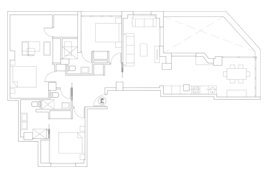 Floor plan of the 3-bedroom penthouse with 3 en-suite bathrooms and terrace at Los Molinos 1, Madrid