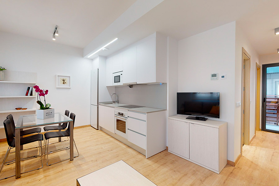 Perspective of the 1-bedroom flat F of the Proinca Moncloa Building