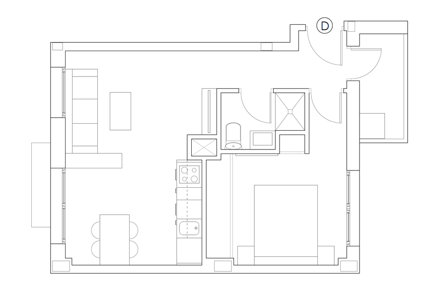 Plan of 1-bedroom flat D of the Proinca Moncloa Building