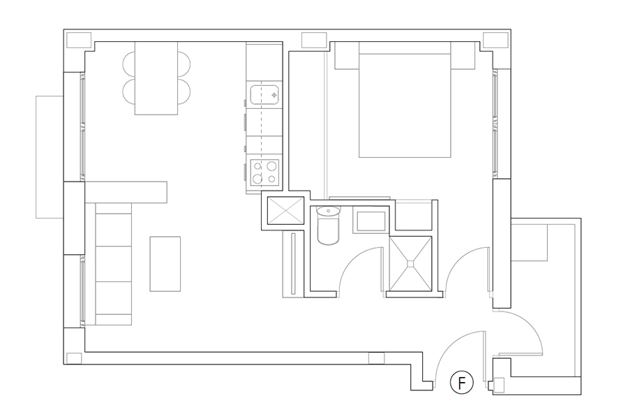 Plan of 1-bedroom flat F of the Proinca Moncloa Building