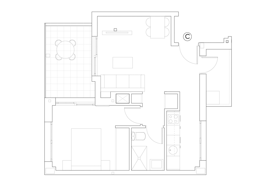 Plan of 1-bedroom penthouse C of the Proinca Moncloa Building