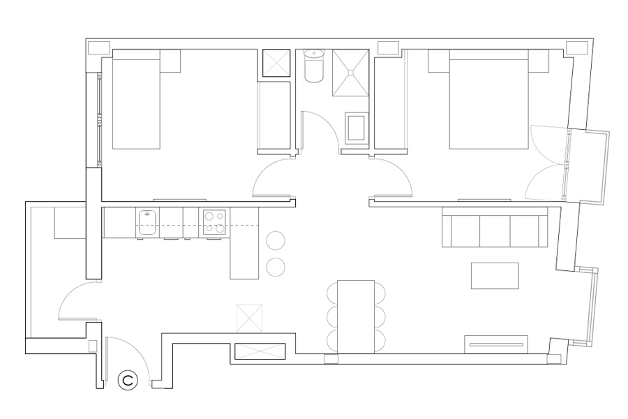 Plan of 2-bedrooms flat C of the Proinca Moncloa Building