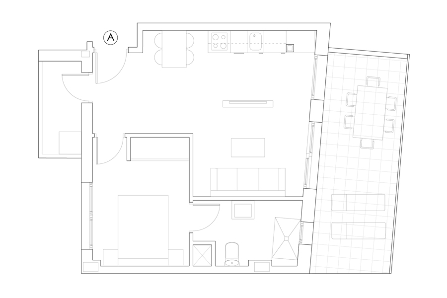 Plan of 1-bedroom penthouse A of the Proinca Moncloa Building