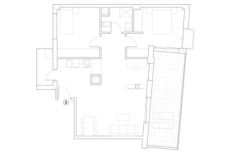 Plan of 2-bedrooms penthouse B of the Proinca Moncloa Building