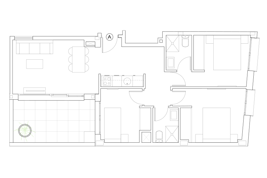 Plan of 3-bedrooms flat A of the Proinca Moncloa Building