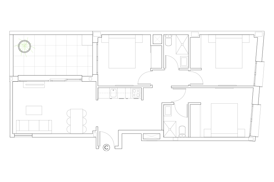 Plan of 3-bedrooms flat C of the Proinca Moncloa Building